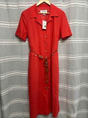 Linea Donna Linen Blend  Button-Front Midi Dress Beaded Leather Waist Tie NWT